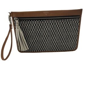 Fossil Bags Wristlet Leather Trim Black And White  Fossil White Leather Tassel